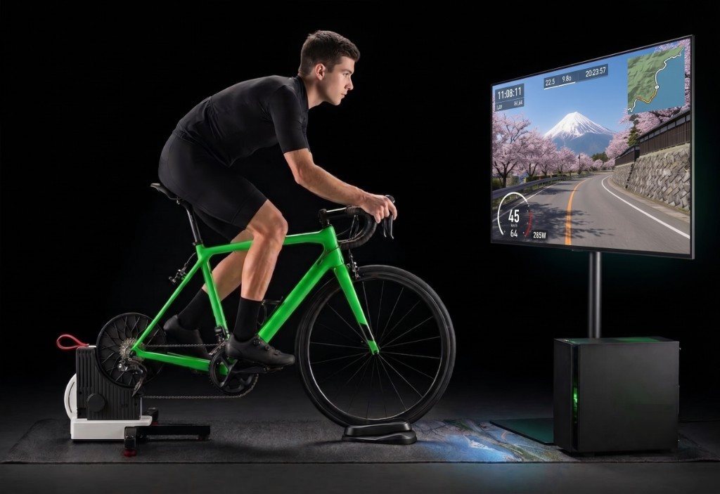 Cyclist on a smart trainer in front of a TV running a game